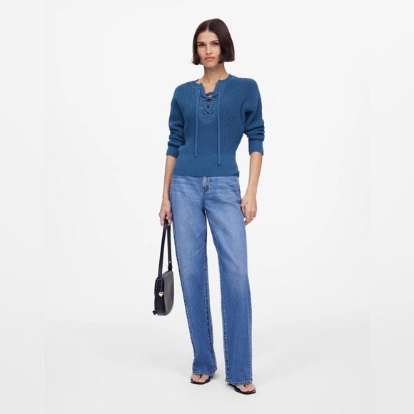 NWT Madewell Ribbed Lace-Up Chunky Sweater in Delphinium Blue, Size Large - Picture 4 of 13